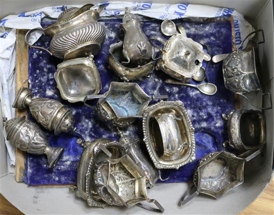 Sixteen assorted silver condiments including a set of four two handled salts.